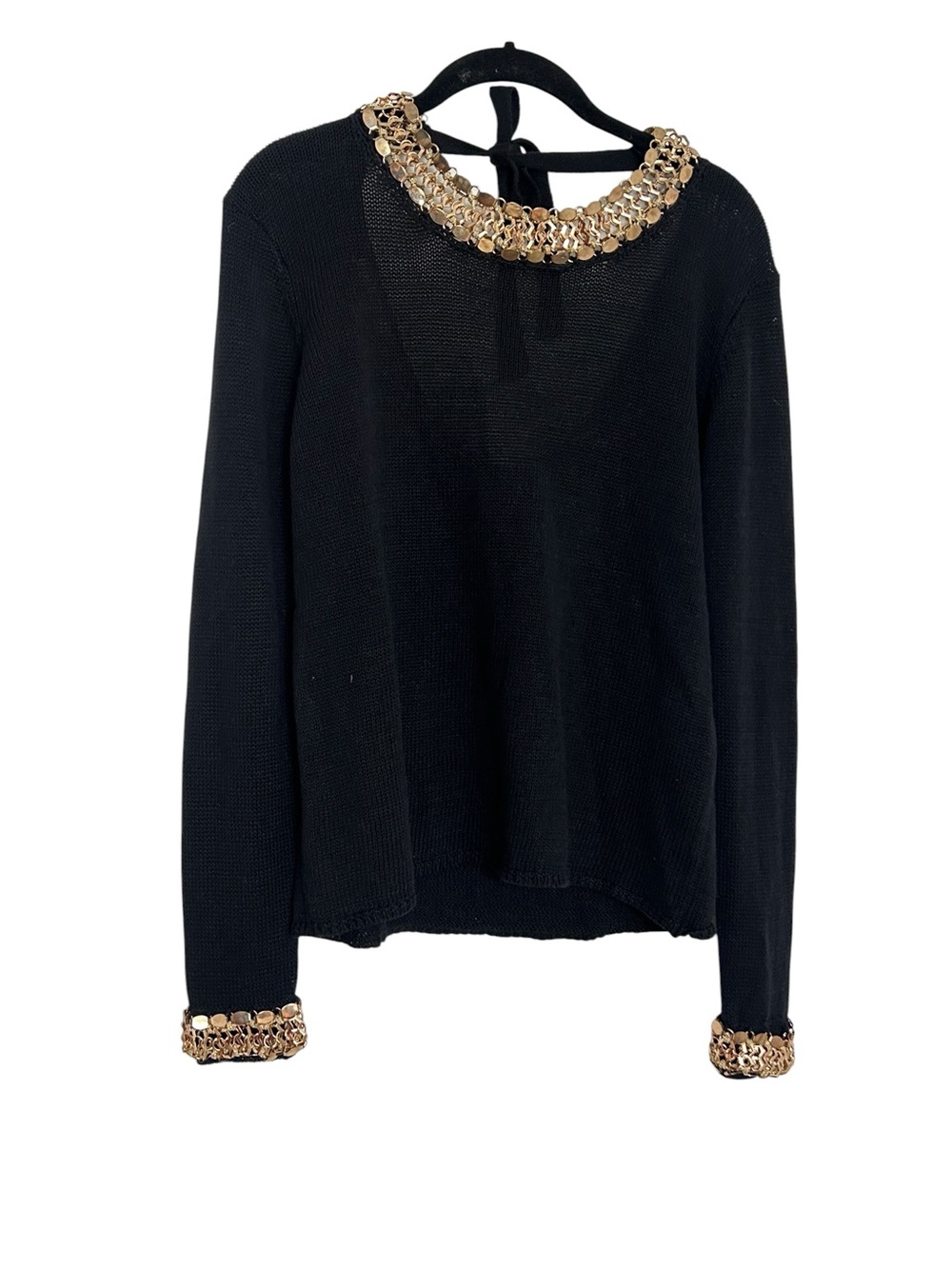 Maje Black Open Knit Sweater Gold Chain Embellished Open Back Tie Size 1